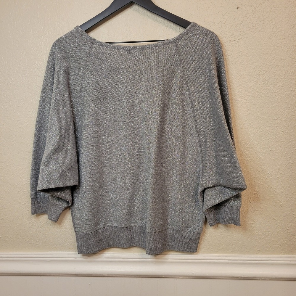 Guess Los Angeles Silver Metallic Cutout V-Neck Dolman Sleeve Knit Top L Y2K - Picture 9 of 10
